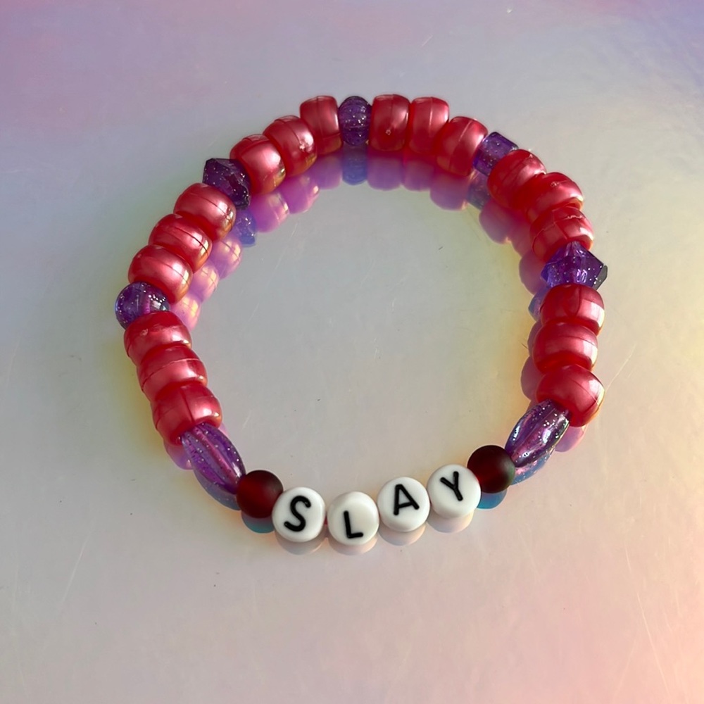 Pink & Purple Beaded 'SLAY' Stretch Bracelet - Women Jewelry